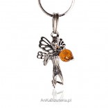 Filigree fairy - silver pendant oxidized with natural amber