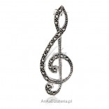 Silver brooch with marcasites - Treble clef