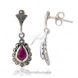 Silver earrings with marcasites and rubies - hanging