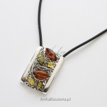 Silver necklace with colored AMBER on rubber