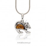 Silver jewelry - silver kitty with amber